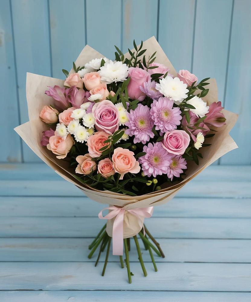 Букет цветов из: Хризантемы, Розы и Альстромерии в Ивоте