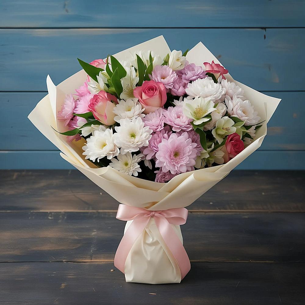 Букет цветов из: Хризантемы, Альстромерии и Розы в Ивоте